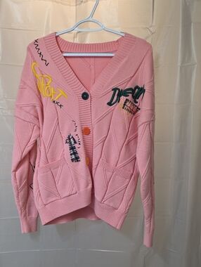 Pink Embroidered Button-Up V-Neck Cardigan Sweater